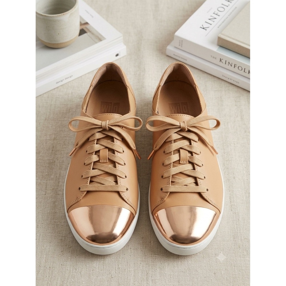 FitFlop F-Sporty Mirror-Toe Leather Sneakers Nude Tan Rose Gold 173-137 Womens 7